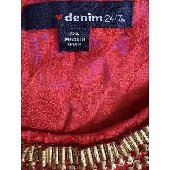 Denim 24/7 12W Orange Embroidered Detail Crew Beaded Fringe 3/4 Sleeve Blouse - Picture 6 of 6